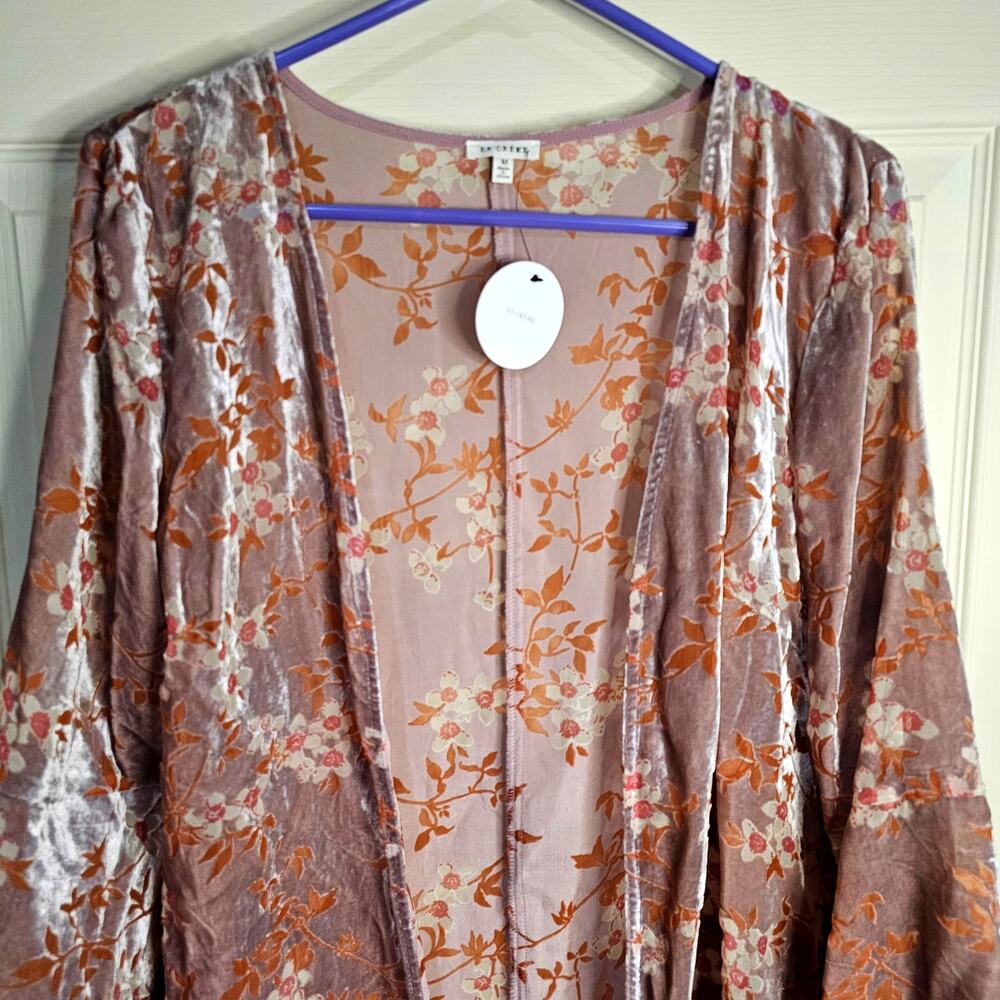En Creme Crushed Velvet Pink Orange Kimono Cardigan Flare Sleeve Women's M - Picture 2 of 6